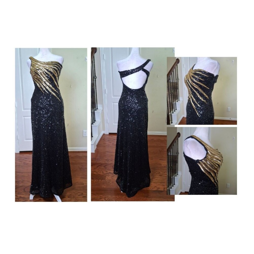 Anny Lee Sequin Gown XS Gold Black Formal Evening One Shoulder Hollywood Glam